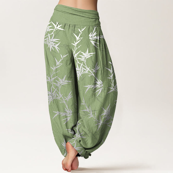 Buddha Stones Pure Cotton White Bamboo Leaves Women's Elastic Waist Harem Pants - image 9