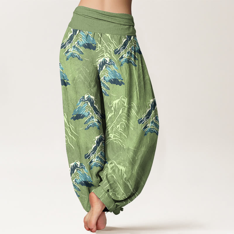 Buddha Stones Pure Cotton Vivid Emerald-green Mountains Women's Elastic Waist Harem Pants - image 6