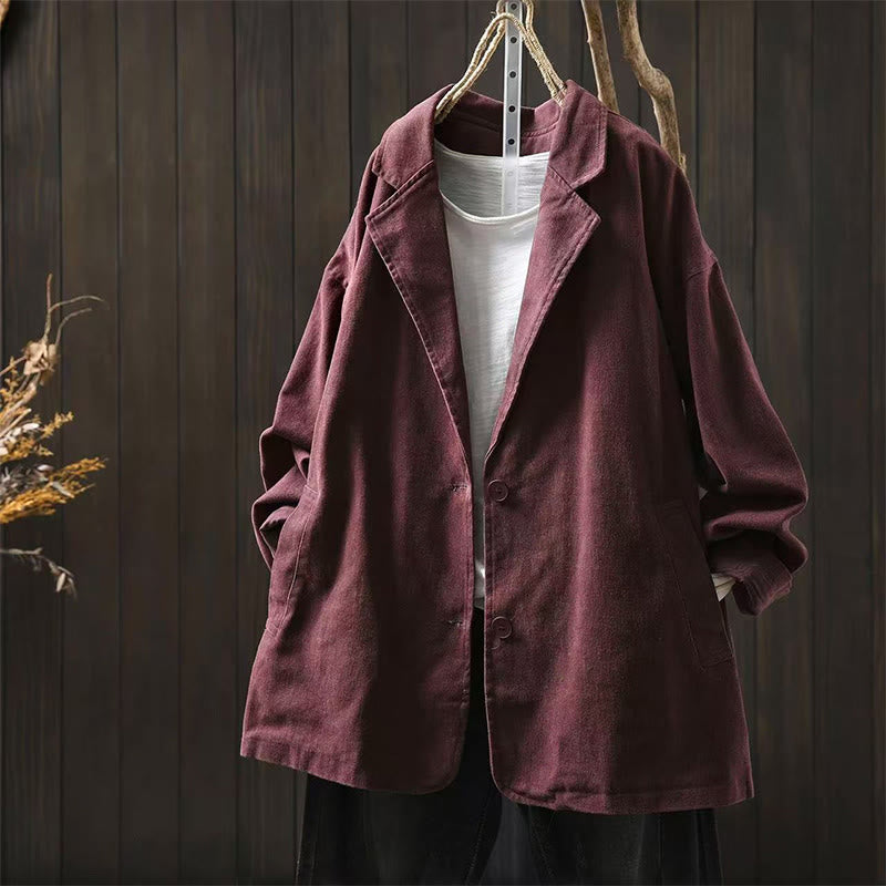 Buddha Stones Spring Fall Buttons Lapel Collar Long Sleeve Mid-length Cotton Women's Jacket With Pockets - MediumVioletRed - US4-8/10，UK/AU8-12/14，EU36-40/42 (F) - image 16