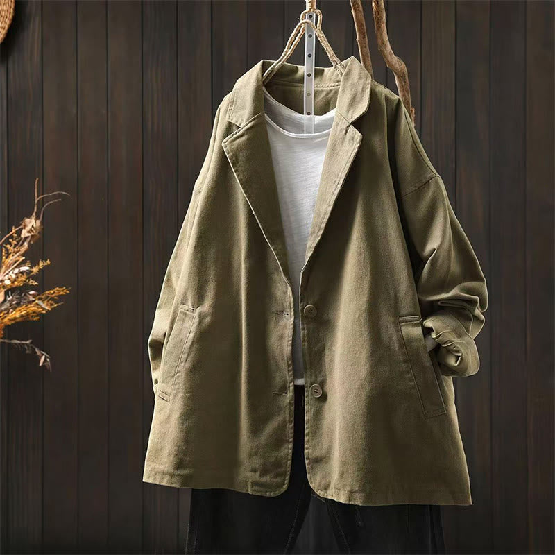 Buddha Stones Spring Fall Buttons Lapel Collar Long Sleeve Mid-length Cotton Women's Jacket With Pockets - DarkKhaki - US4-8/10，UK/AU8-12/14，EU36-40/42 (F) - image 24