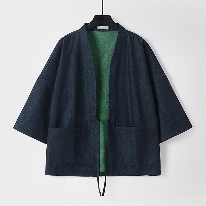 Buddha Stones Solid Lace-up Open Front Three Quarter Sleeve Jacket Men's Denim Cotton Kimono - Black - US/UK/AU54，EU64 (9XL) - image 0