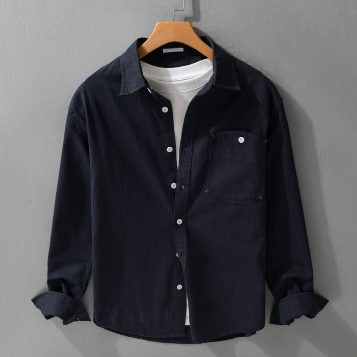 Buddha Stones Solid Buttons Down Decorative Pocket Men's Stand Collar Long Sleeve Cotton Shirt - MidnightBlue - US/UK/AU42，EU52 (3XL) - image 9