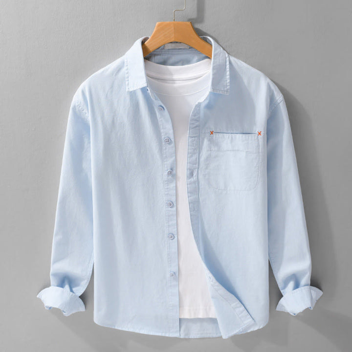 Buddha Stones Spring Solid Buttons Down Decorative Pocket Men's Stand Collar Long Sleeve Cotton Shirt - LightBlue - US/UK/AU42，EU52 (3XL) - image 0