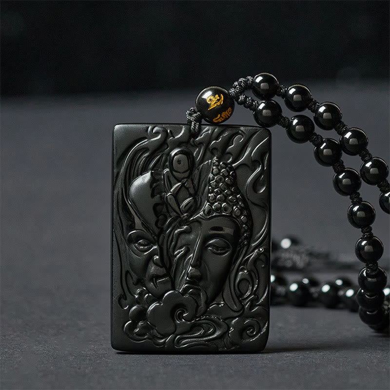 Buddha Stones Half Demon Half Buddha Relief Design Black Obsidian Strength Necklace Pendant - image 1