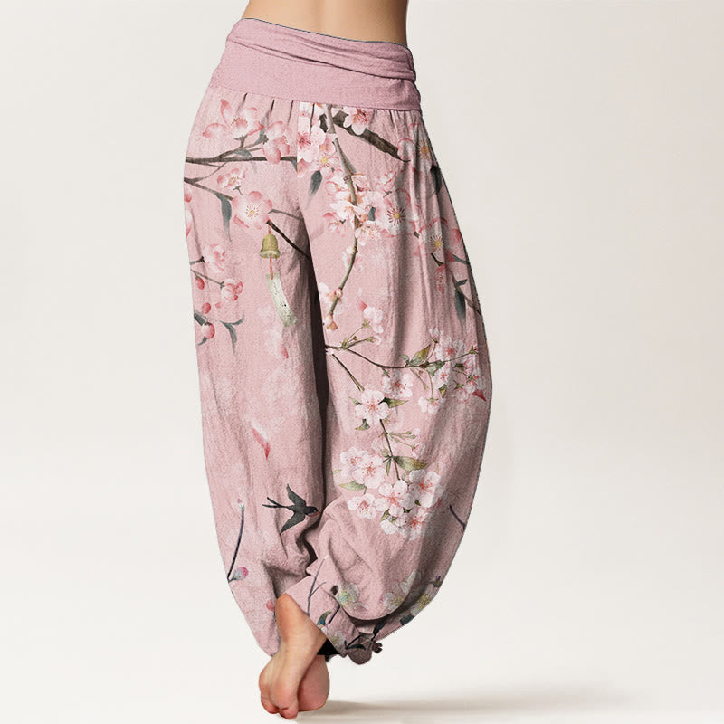 Buddha Stones Cotton Peach Blossoms Flying Geese Pattern Women's Elastic Waist Harem Pants - image 5