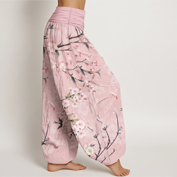 Buddha Stones Cotton Peach Blossoms Flying Geese Pattern Women's Elastic Waist Harem Pants - image 6