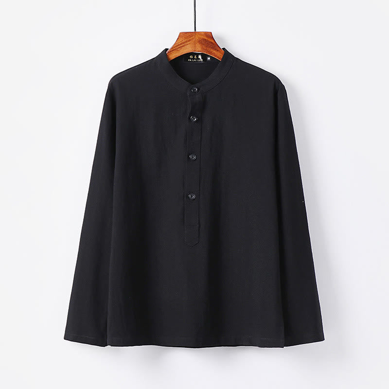 Buddha Stones Simple Solid Color Half Buttons Men's Long Sleeve Cotton Shirt - Black - US/UK/AU46，EU56 (5XL) - image 7