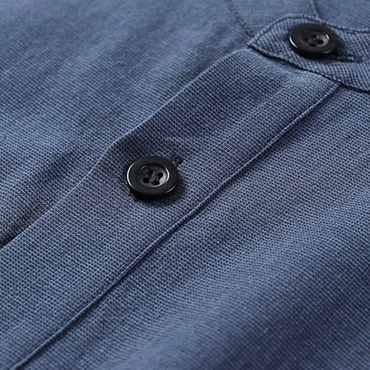 Buddha Stones Simple Solid Color Half Buttons Men's Long Sleeve Cotton Shirt - image 3