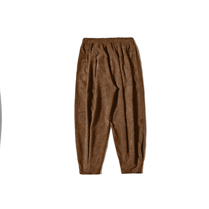 Buddha Stones Retro Men's Plain Fleece-Lined Corduroy Simple Design Harem Pants With Pockets - image 11