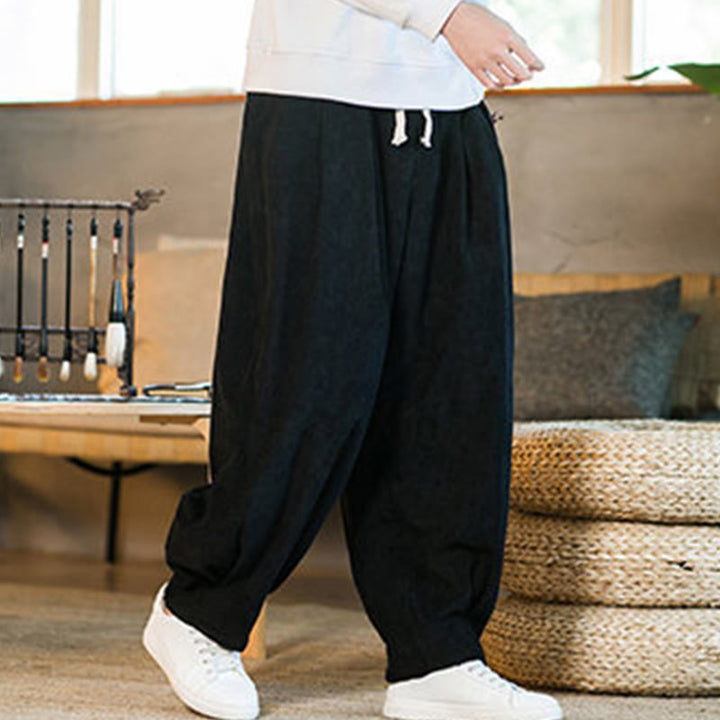 Buddha Stones Retro Men's Plain Fleece-Lined Corduroy Simple Design Harem Pants With Pockets - image 39
