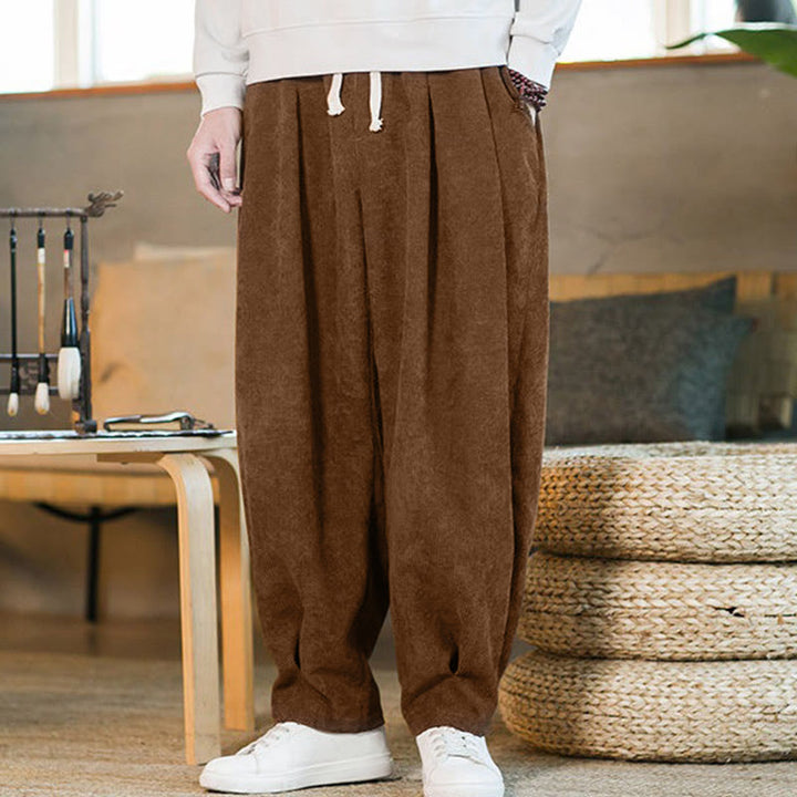 Buddha Stones Retro Men's Plain Fleece-Lined Corduroy Simple Design Harem Pants With Pockets - image 6
