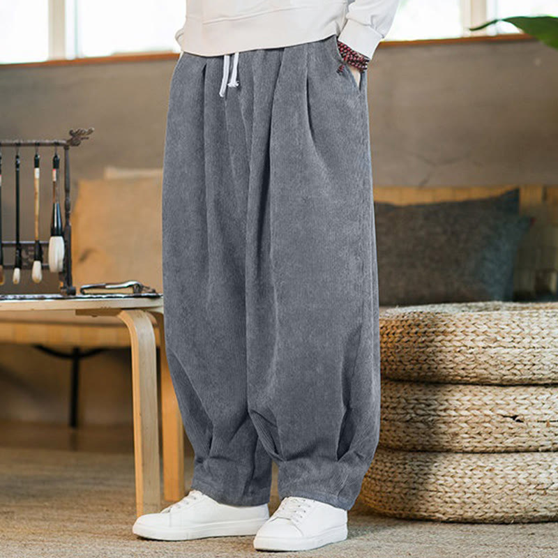 Buddha Stones Retro Men's Plain Fleece-Lined Corduroy Simple Design Harem Pants With Pockets - image 15