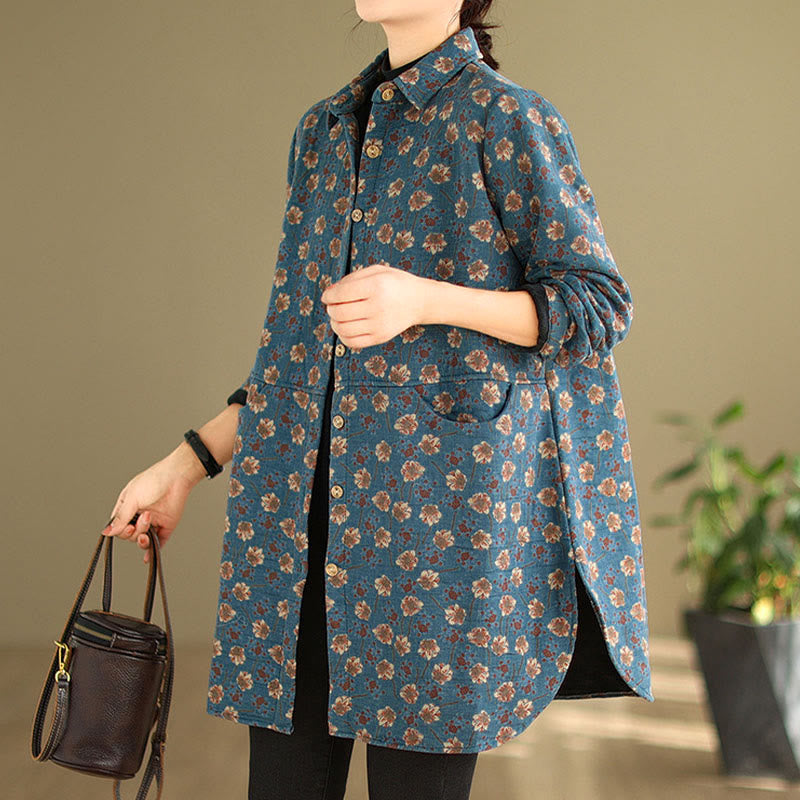 Buddha Stones Fall Winter Buttons Flower Patterns Long Sleeve Cotton Women's Jacket With Pockets - image 6