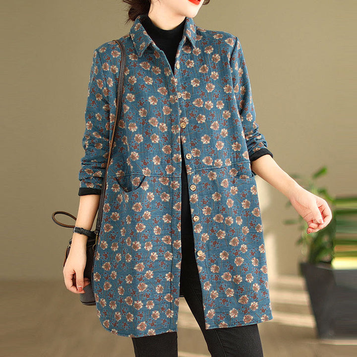 Buddha Stones Fall Winter Buttons Flower Patterns Long Sleeve Cotton Women's Jacket With Pockets - SteelBlue - US12，UK/AU16，EU44 (3XL) - image 4