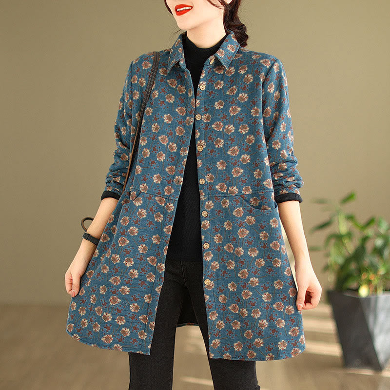 Buddha Stones Fall Winter Buttons Flower Patterns Long Sleeve Cotton Women's Jacket With Pockets - image 5