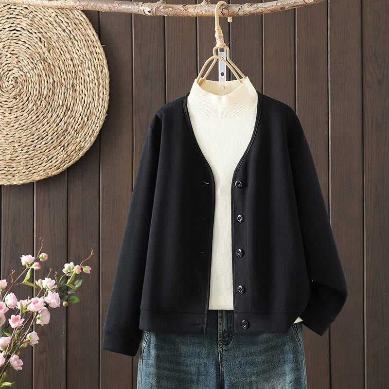 Buddha Stones Simple Plain V-Neck Buttons Down Design Women's Cotton Long Sleeve Jacket - Black - US8-10，UK/AU12-14，EU40-42 (2XL) - image 1