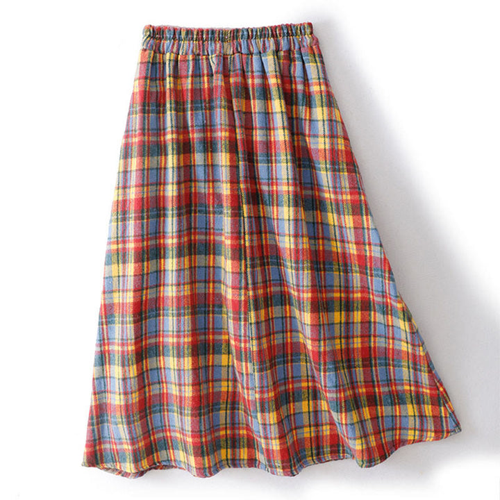 Buddha Stones Fall Winter Women's Plaid Pattern Cotton Skirt With Pockets - image 1