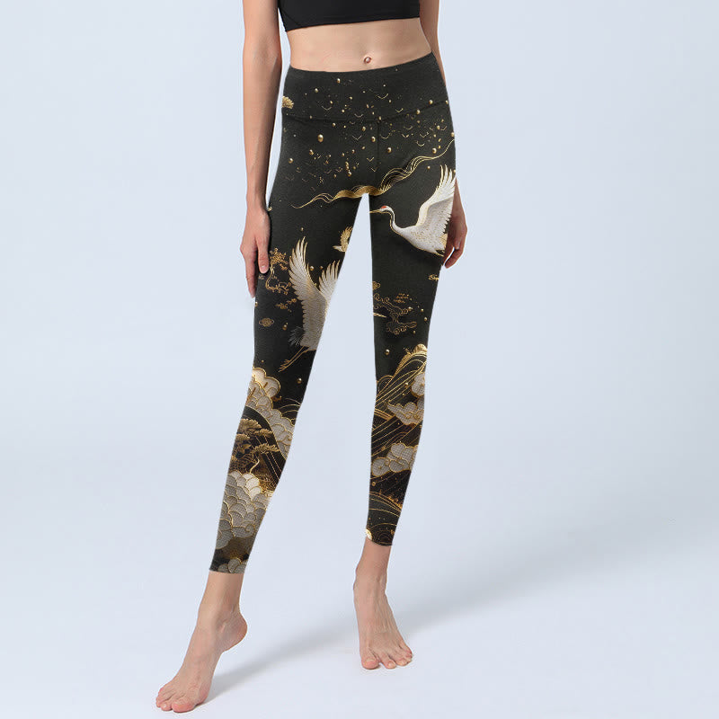 Buddha Stones Crane Cloud Waves Pine Tree Pattern With Delicate Lines Print Gym Leggings Women's Yoga Pants - image 5