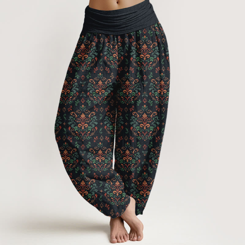 Buddha Stones Pure Cotton Retro Symmetrical Flower Leaf Pattern Women's Elastic Waist Harem Pants - Black - US16，UK/AU20，EU48 (3XL) - image 0