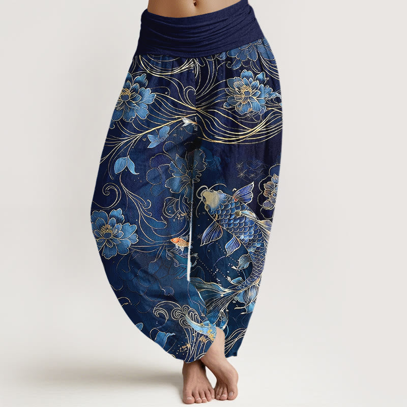 Buddha Stones Pure Cotton Dreamlike Koi Fish Peony Curve Pattern Women's Elastic Waist Harem Pants - Navy - US16，UK/AU20，EU48 (3XL) - image 0