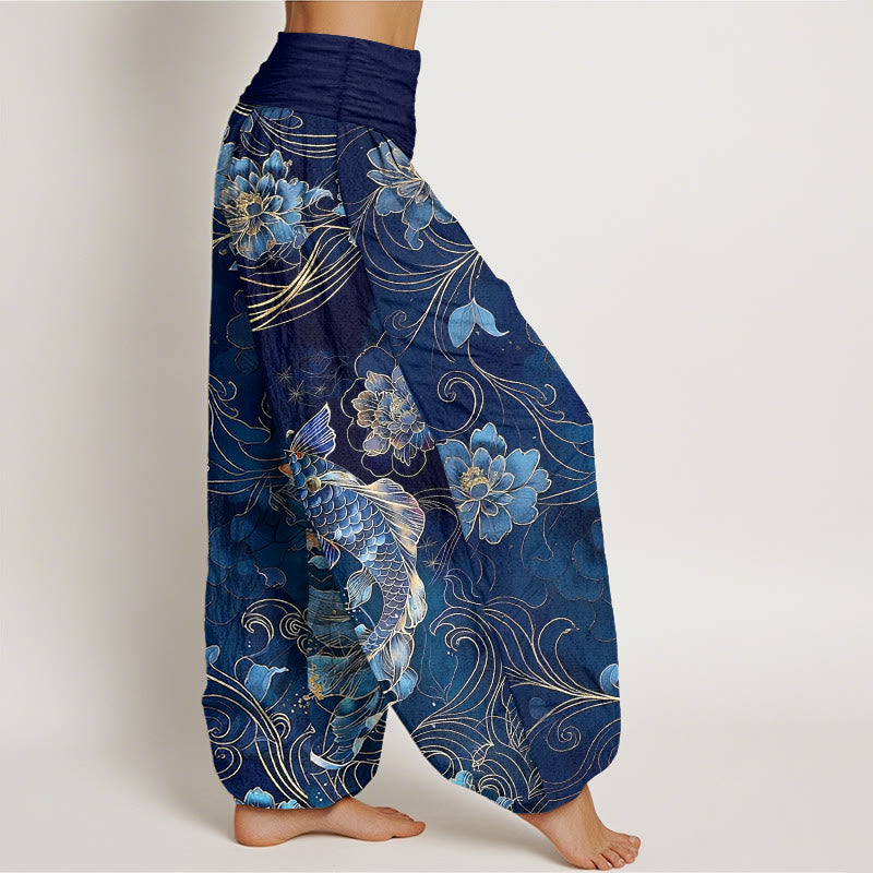 Buddha Stones Pure Cotton Dreamlike Koi Fish Peony Curve Pattern Women's Elastic Waist Harem Pants - image 2