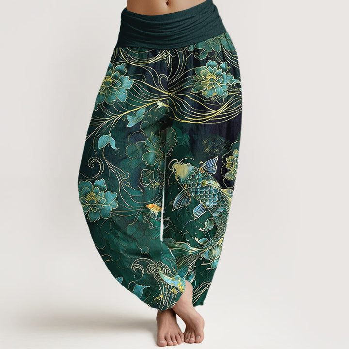 Buddha Stones Pure Cotton Dreamlike Koi Fish Peony Curve Pattern Women's Elastic Waist Harem Pants - DarkGreen - US16，UK/AU20，EU48 (3XL) - image 8