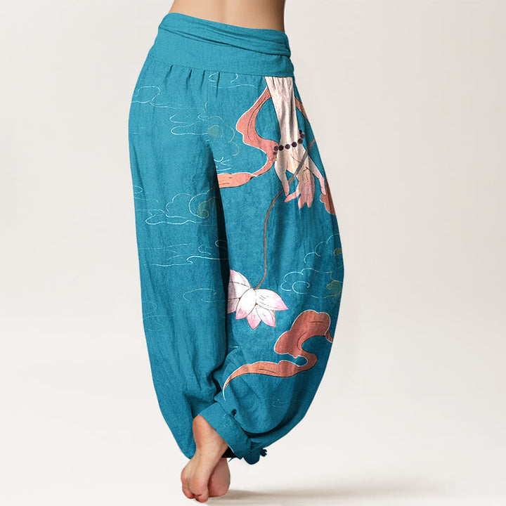 Buddha Stones Pure Cotton Lotus Flower Flowing Ribbons Hand Wearing Prayer Beads Clouds Pattern Women's Elastic Waist Harem Pants - image 6