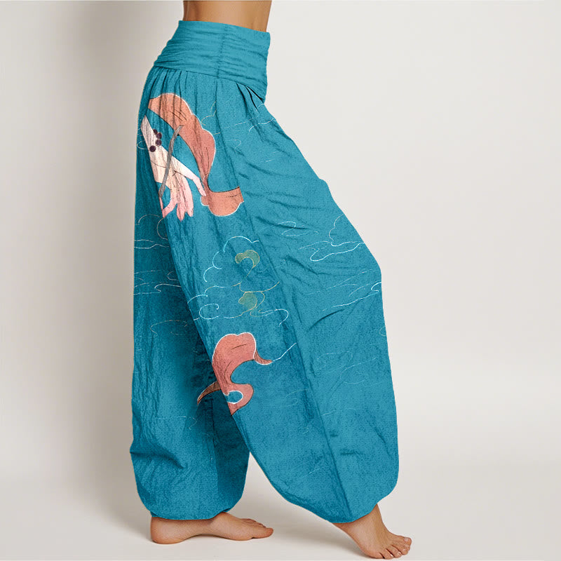 Buddha Stones Pure Cotton Lotus Flower Flowing Ribbons Hand Wearing Prayer Beads Clouds Pattern Women's Elastic Waist Harem Pants - image 7