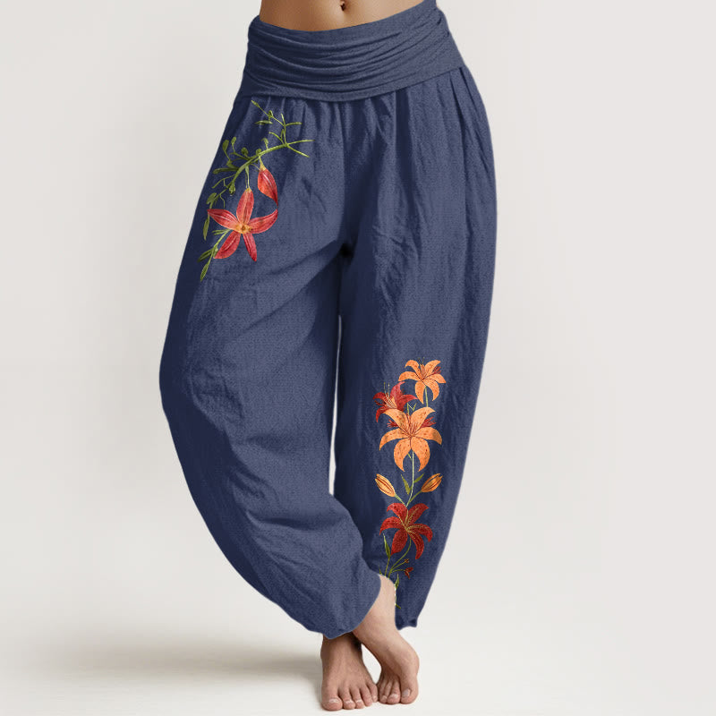 Buddha Stones Pure Cotton Brightly Colored Lilies Five-Petaled Flower Pattern Women's Elastic Waist Harem Pants - DarkSlateBlue - US16，UK/AU20，EU48 (3XL) - image 8