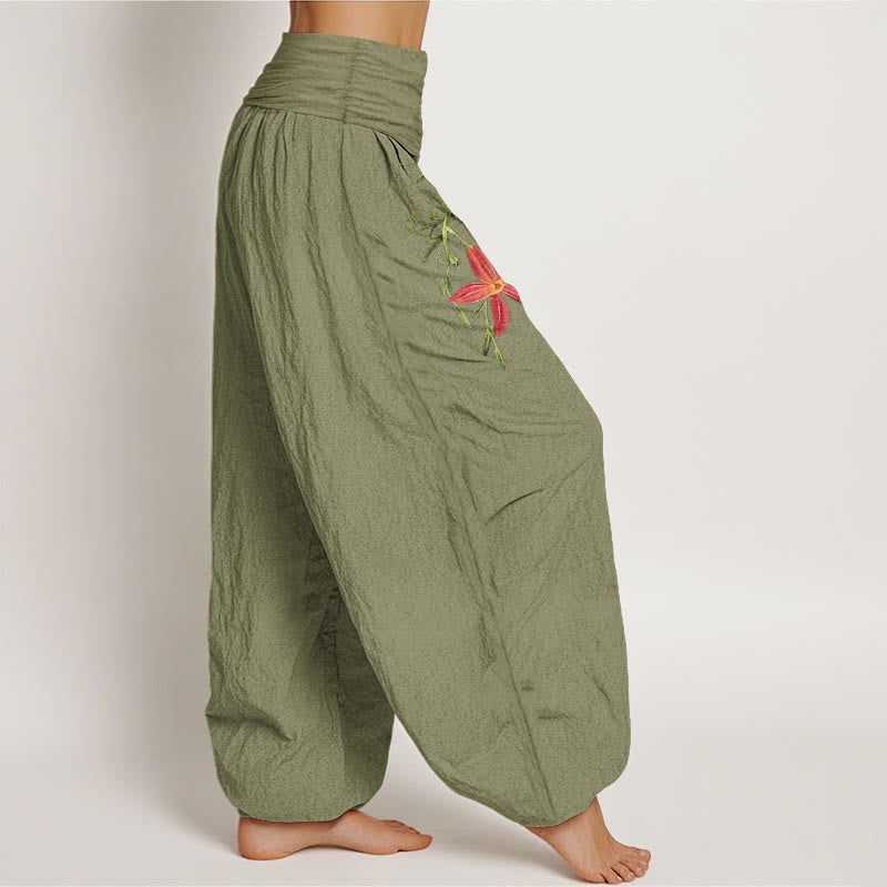 Buddha Stones Pure Cotton Brightly Colored Lilies Five-Petaled Flower Pattern Women's Elastic Waist Harem Pants - image 16