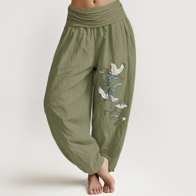 Buddha Stones Pure Cotton Elegant Crane Cloud Mountain Pattern Women's Elastic Waist Harem Pants - OliveDrab - US16，UK/AU20，EU48 (3XL) - image 14