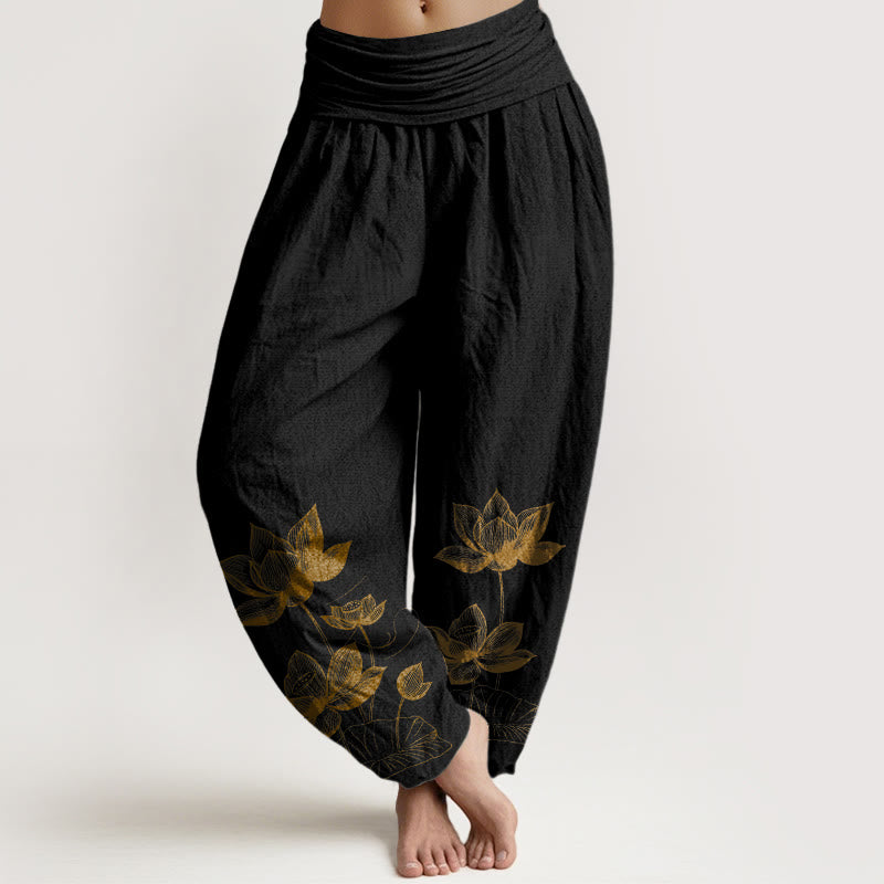 Buddha Stones Pure Cotton Line Drawing Lotus Flower Pattern Women's Elastic Waist Harem Pants - Black - US16，UK/AU20，EU48 (3XL) - image 0
