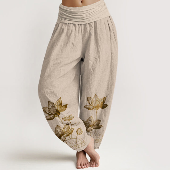 Buddha Stones Pure Cotton Line Drawing Lotus Flower Pattern Women's Elastic Waist Harem Pants - Tan - US16，UK/AU20，EU48 (3XL) - image 11