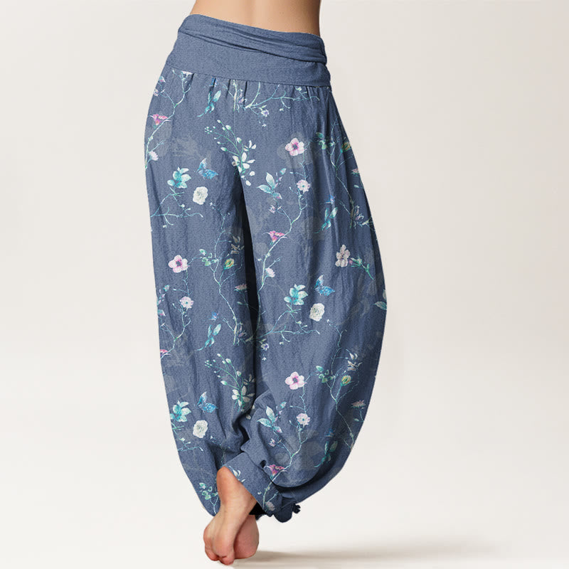 Buddha Stones Pure Cotton Retro Flowers Leaves Branches Pattern Women's Elastic Waist Harem Pants - image 6