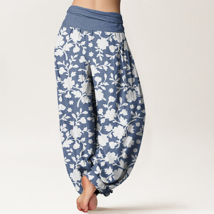 Buddha Stones Pure Cotton White Flowers Leaves Stars Pattern Women's Elastic Waist Harem Pants - image 1