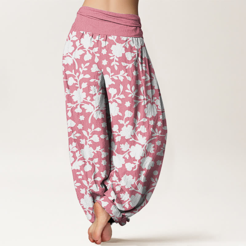 Buddha Stones Pure Cotton White Flowers Leaves Stars Pattern Women's Elastic Waist Harem Pants - image 6
