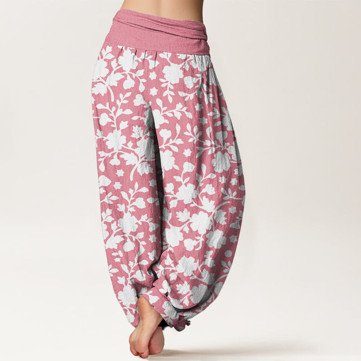 Buddha Stones Pure Cotton White Flowers Leaves Stars Pattern Women's Elastic Waist Harem Pants - image 6