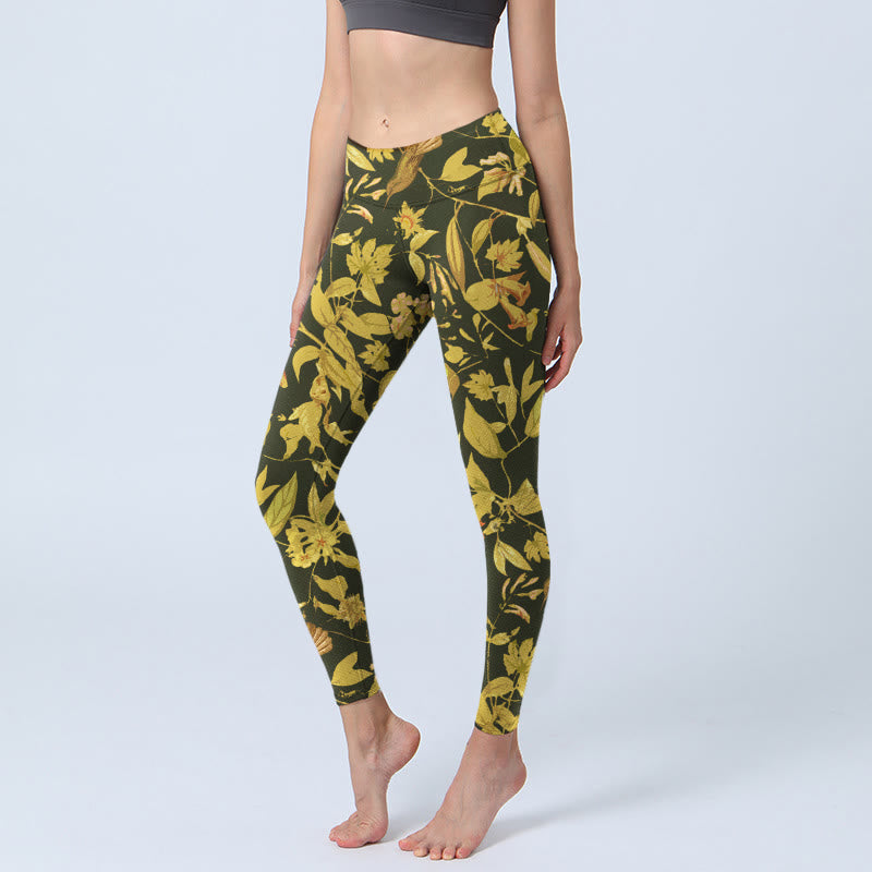 Buddha Stones Luxurious Flower Leaf Bird Pattern Print Gym Leggings Women's Yoga Pants - Black - US18，UK/AU22，EU50 (4XL) - image 0