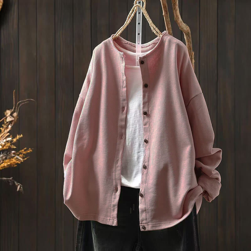 Buddha Stones Fall Solid Button Down Crew Neck Long Sleeve Women's Cotton Shirt - Pink - US4-8/10，UK/AU8-12/14，EU36-40/42 (F) - image 1