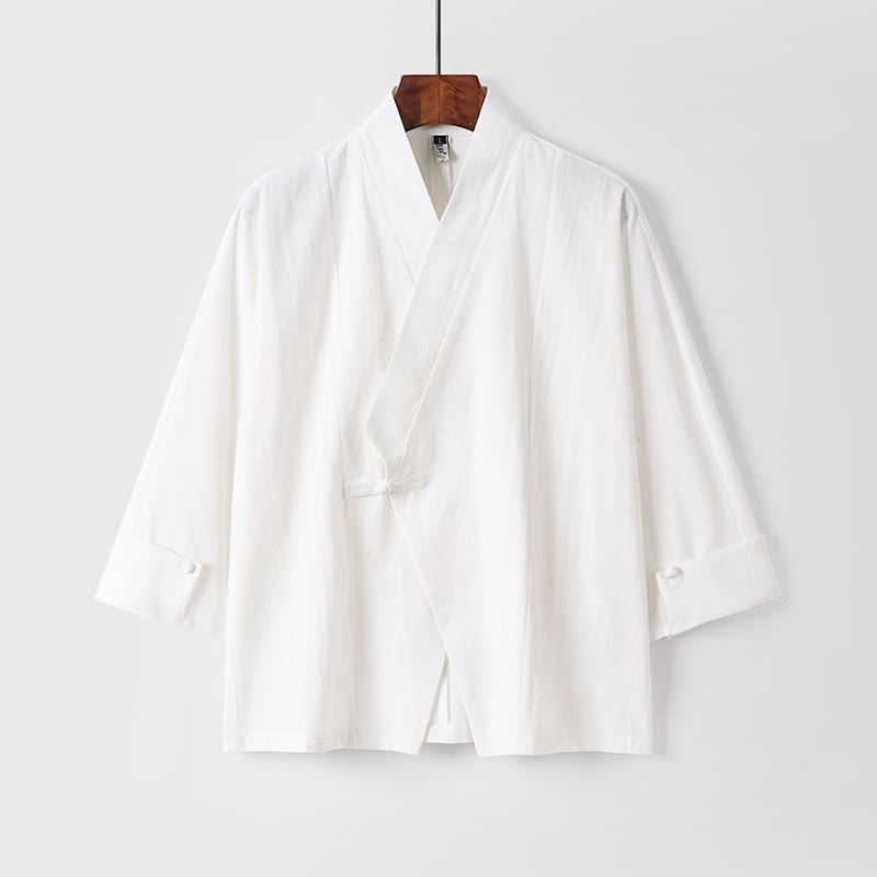 Buddha Stones Plain One Chinese Frog-Button Jacket Cotton Linen Men's Half Sleeve Kimono - White - US/UK/AU54，EU64 (9XL) - image 12