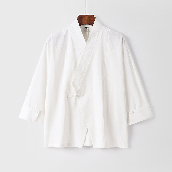 Buddha Stones Plain One Chinese Frog-Button Jacket Cotton Linen Men's Half Sleeve Kimono - White - US/UK/AU54，EU64 (9XL) - image 12