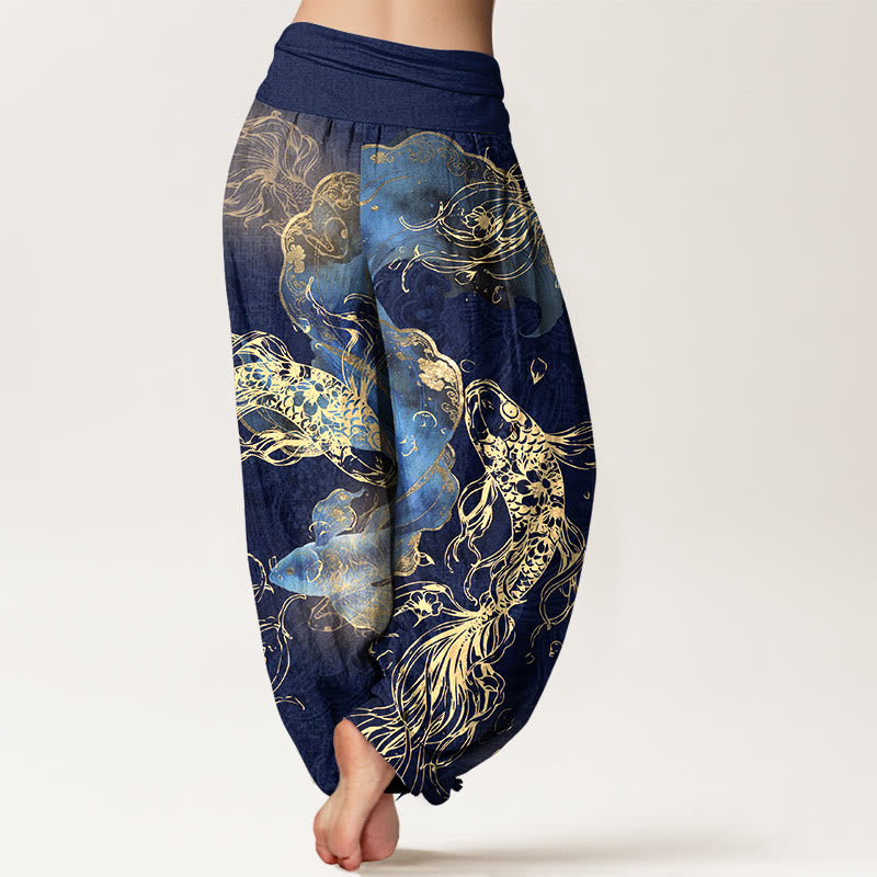 Buddha Stones Pure Cotton Lively Koi Fish Pattern Women's Elastic Waist Harem Pants - image 1