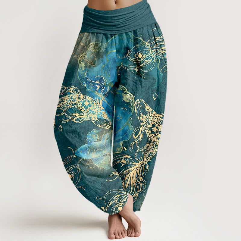 Buddha Stones Pure Cotton Lively Koi Fish Pattern Women's Elastic Waist Harem Pants - Teal - US16，UK/AU20，EU48 (3XL) - image 8