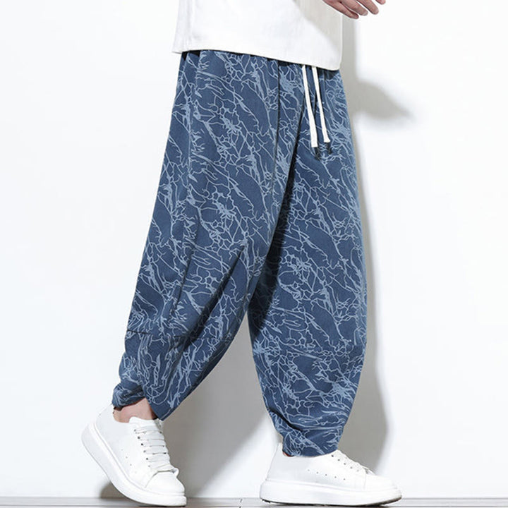 Buddha Stones Fall Textured Lines Print Cotton Elastic Waist Ankle-Length Men's Harem Pants With Pockets - image 6