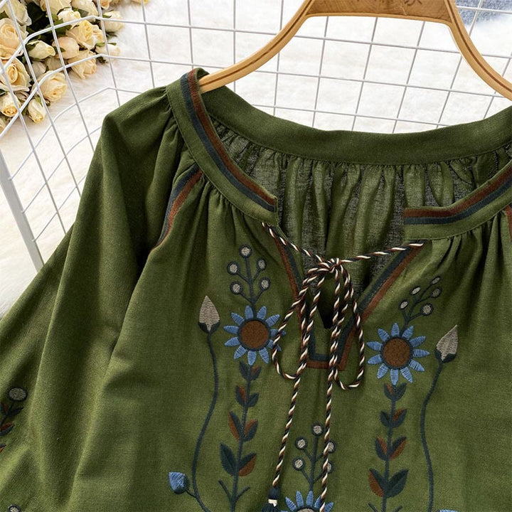 Buddha Stones Casual Embroidery Flower Leaf Pattern Women's Cotton Linen Round Neck T-shirt  - image 4