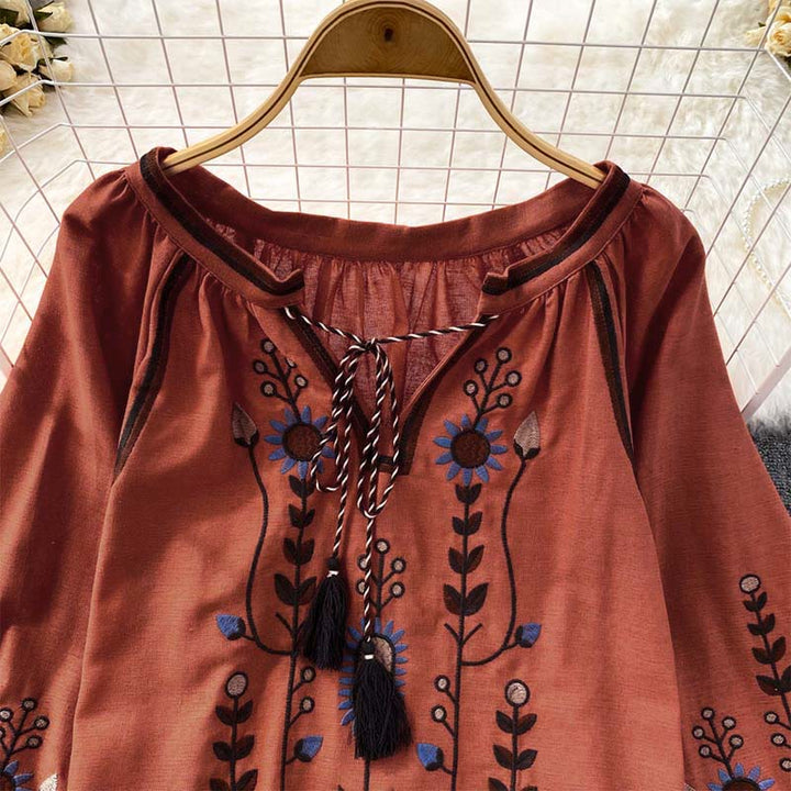 Buddha Stones Casual Embroidery Flower Leaf Pattern Women's Cotton Linen Round Neck T-shirt  - image 18