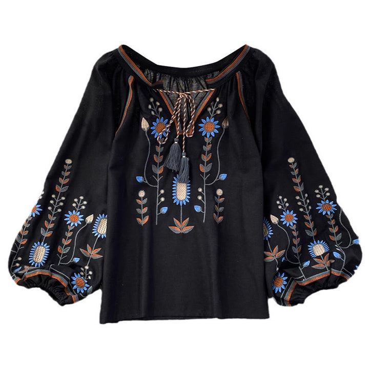 Buddha Stones Casual Embroidery Flower Leaf Pattern Women's Cotton Linen Round Neck T-shirt  - image 16
