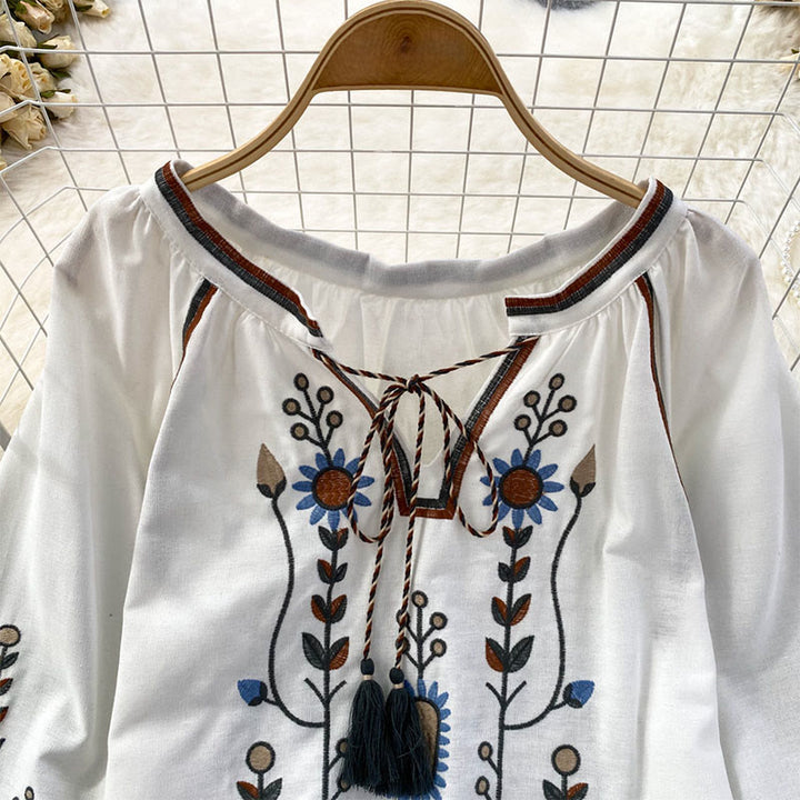 Buddha Stones Casual Embroidery Flower Leaf Pattern Women's Cotton Linen Round Neck T-shirt  - image 12
