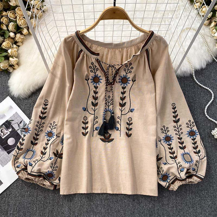 Buddha Stones Casual Embroidery Flower Leaf Pattern Women's Cotton Linen Round Neck T-shirt  - BurlyWood - US4-6，UK/AU8-10，EU36-38 (F) - image 21
