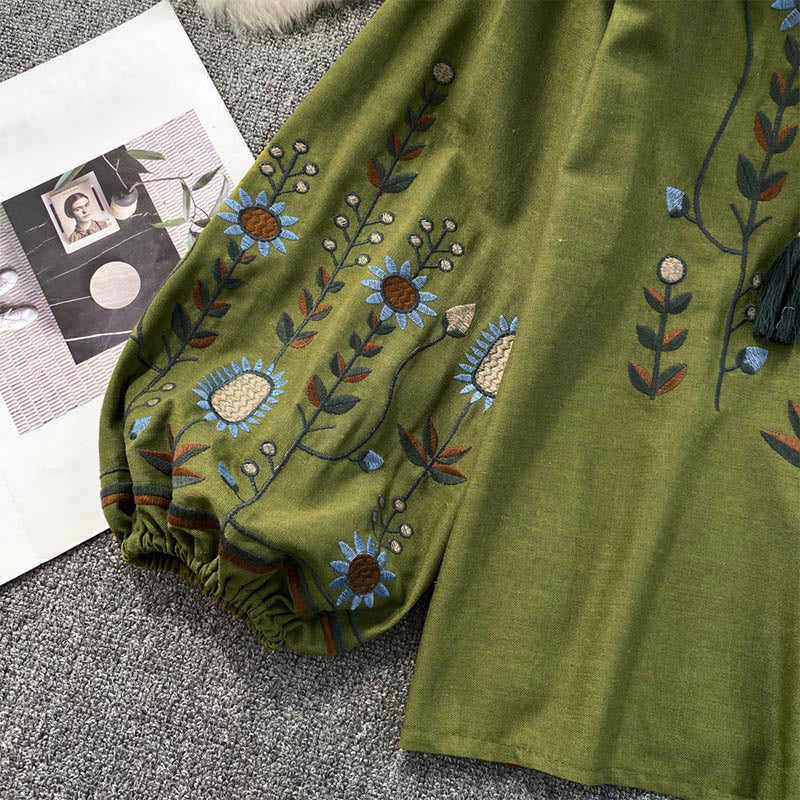 Buddha Stones Casual Embroidery Flower Leaf Pattern Women's Cotton Linen Round Neck T-shirt  - image 5